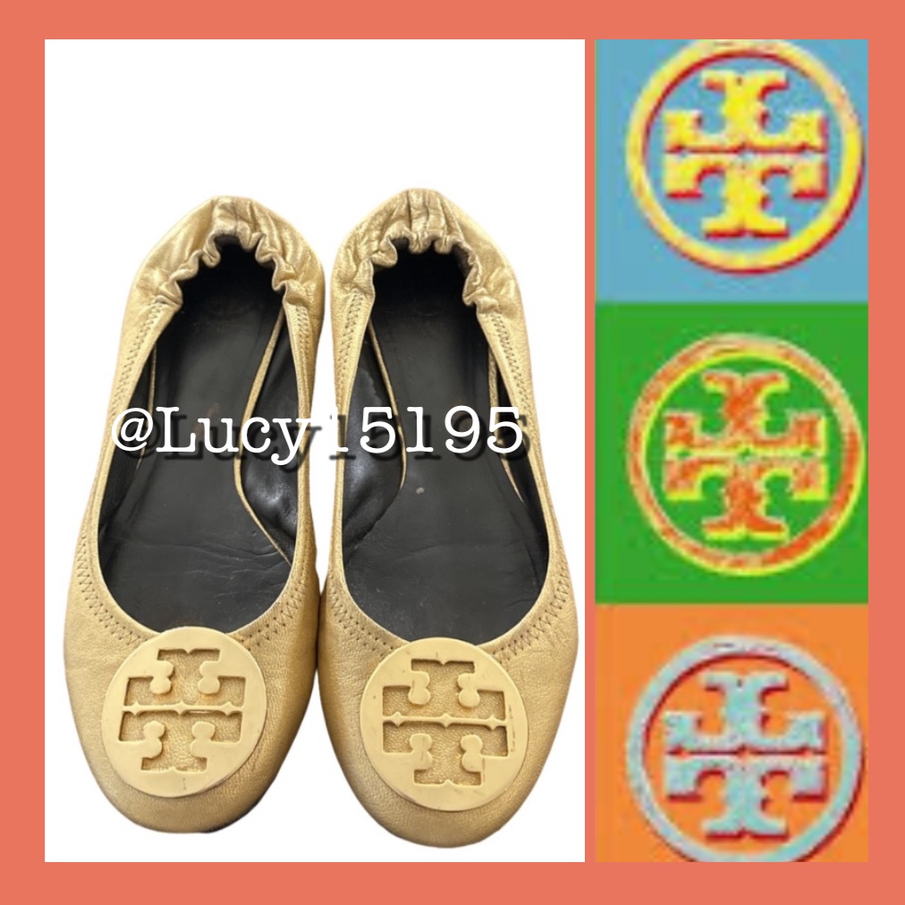 Tory Burch Reva Metallic Gold Ballet Flat With Gold Metal Double T Logo